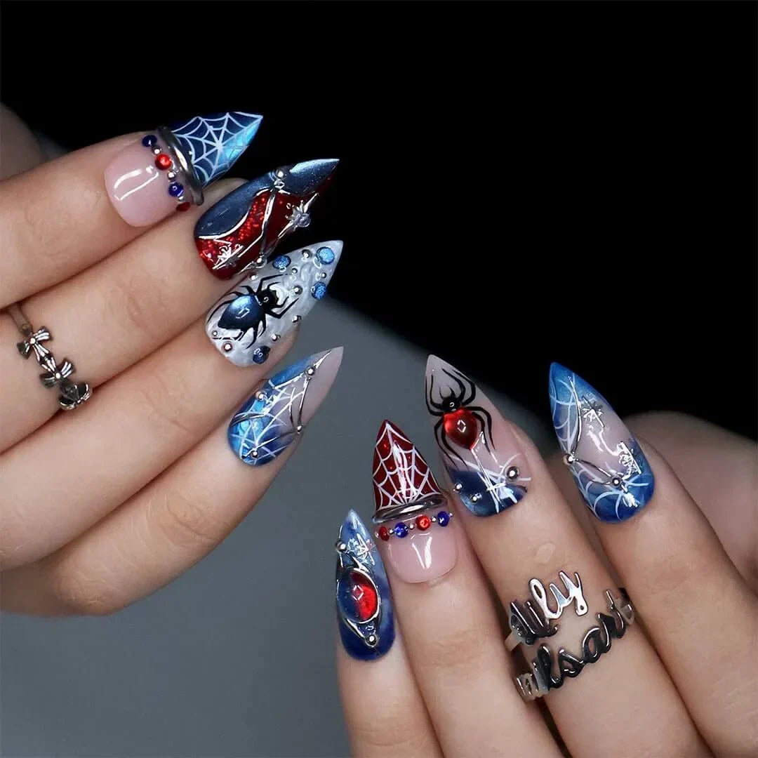 Arachnova Red Blue Handmade Press On Nails