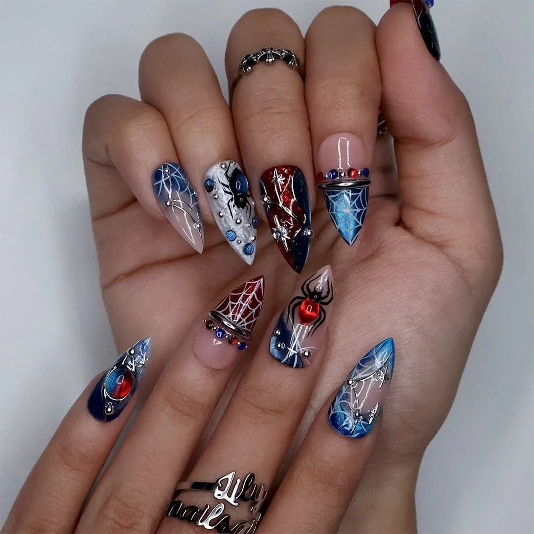 Arachnova Red Blue Handmade Press On Nails