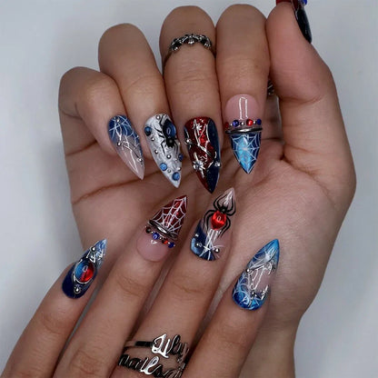 Arachnova Red Blue Handmade Press On Nails