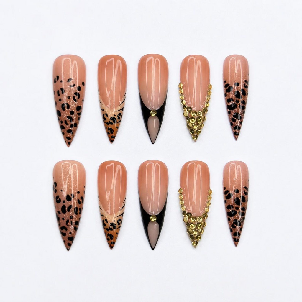 Luxury Leopard Press On Nails with Gold Rhinestones, Nude French Tip Animal Print Nails