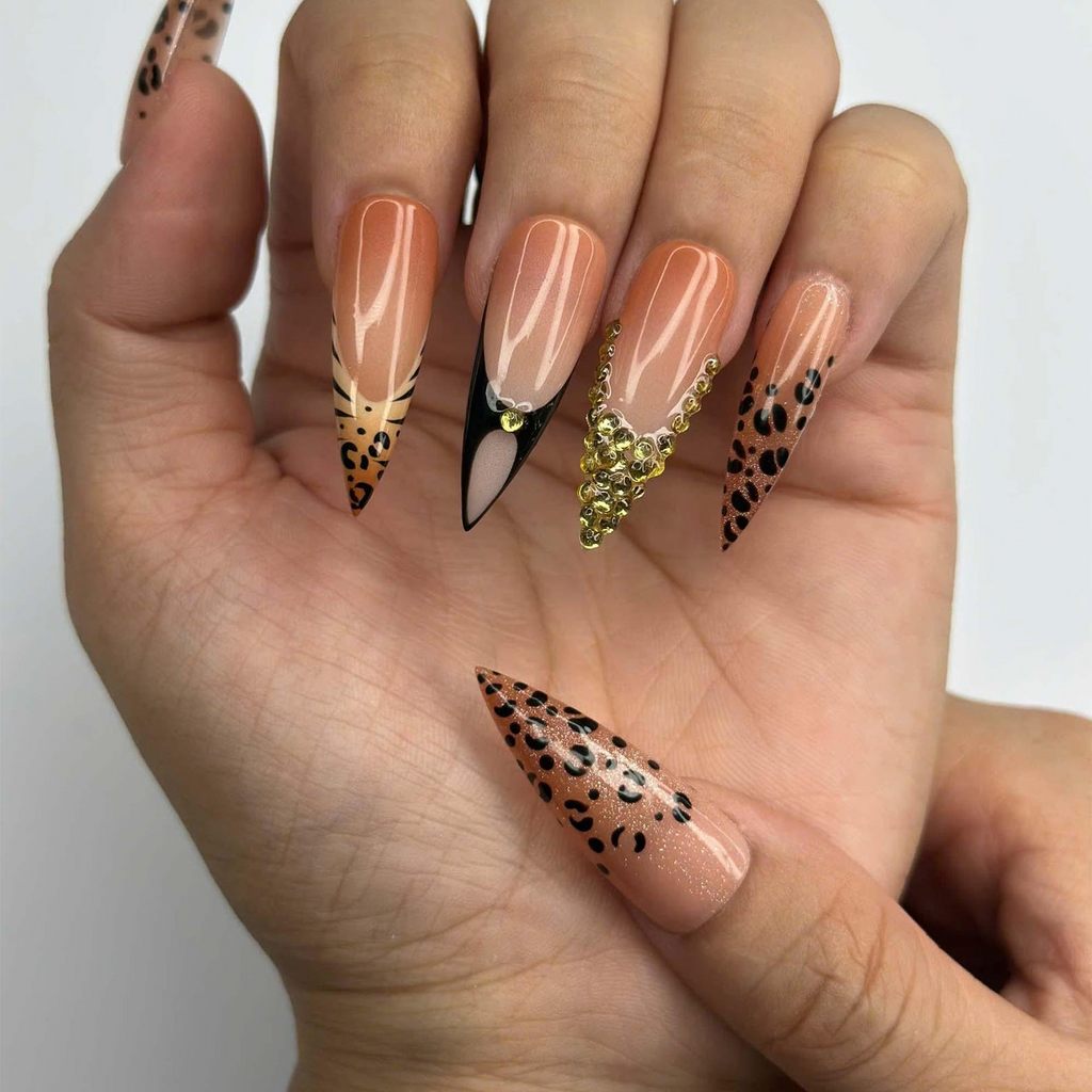 Luxury Leopard Press On Nails with Gold Rhinestones, Nude French Tip Animal Print Nails