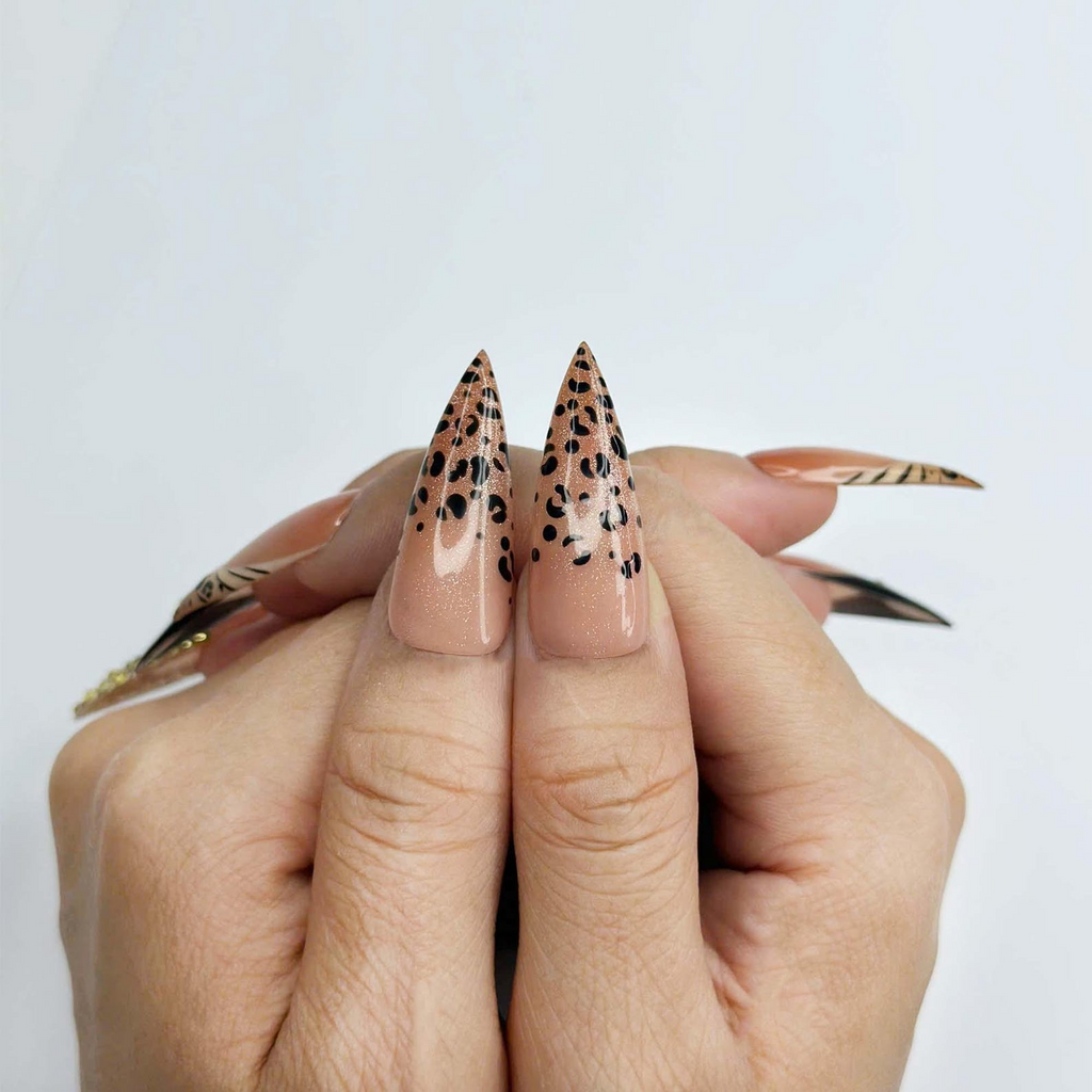 Luxury Leopard Press On Nails with Gold Rhinestones, Nude French Tip Animal Print Nails