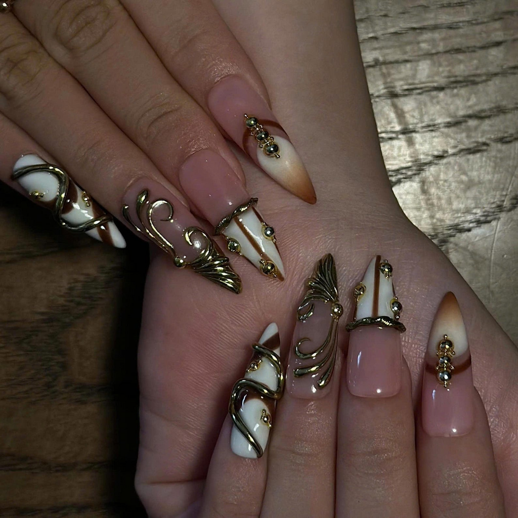 Luxury Press On Nails, 3D Gold Jewelry Nails, Nude Brown French Tips, Sculptural Gold Long