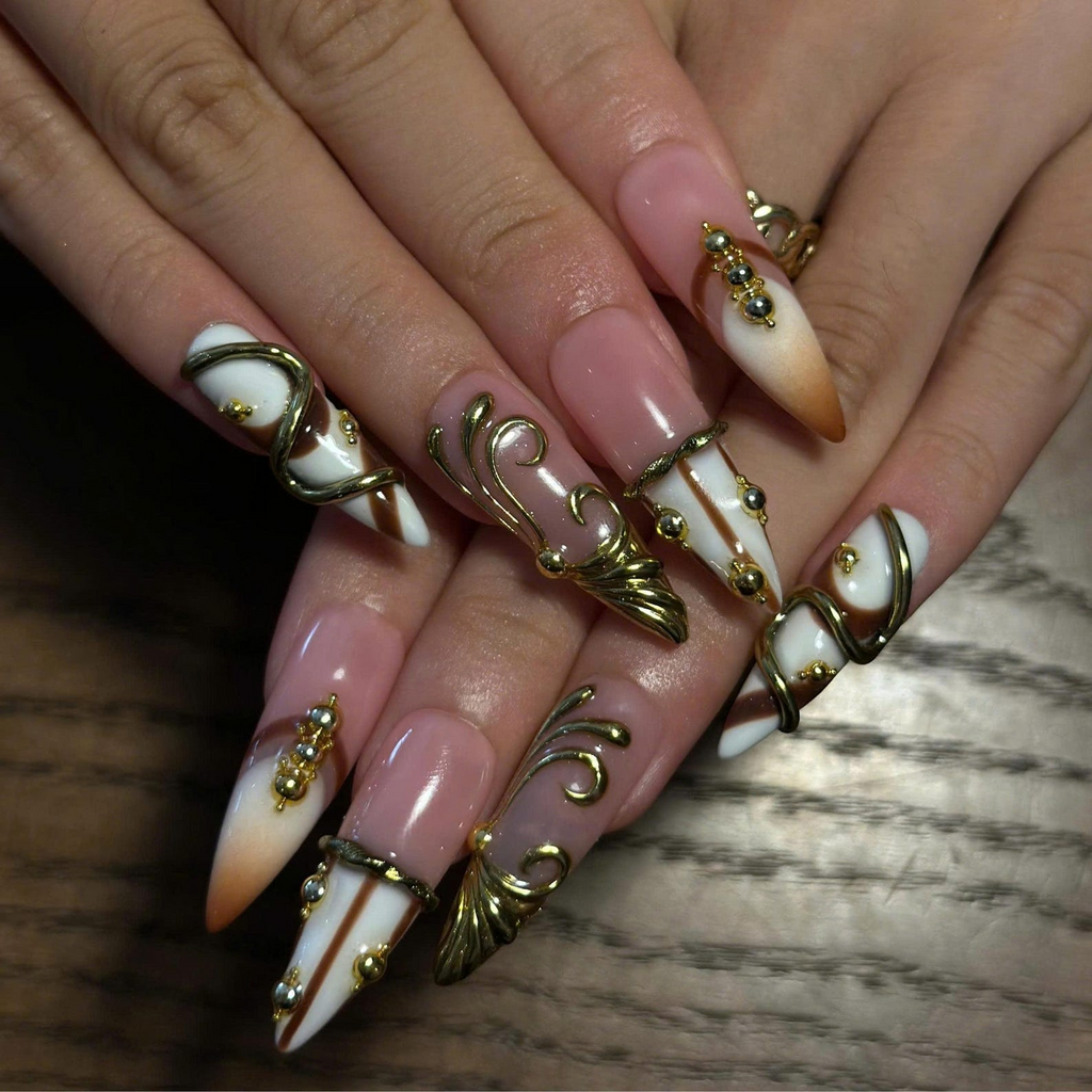 Luxury Press On Nails, 3D Gold Jewelry Nails, Nude Brown French Tips, Sculptural Gold Long