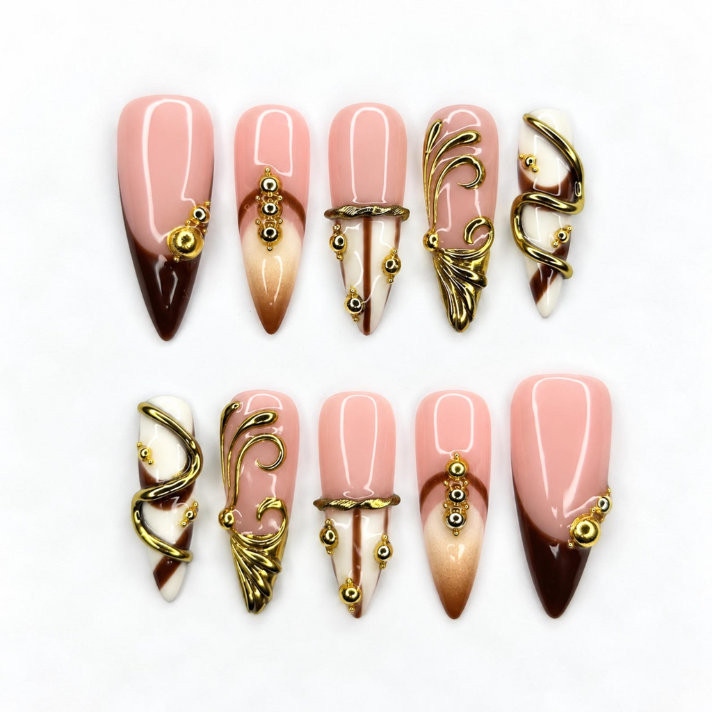 Luxury Press On Nails, 3D Gold Jewelry Nails, Nude Brown French Tips, Sculptural Gold Long