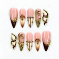 Luxury Press On Nails, 3D Gold Jewelry Nails, Nude Brown French Tips, Sculptural Gold Long