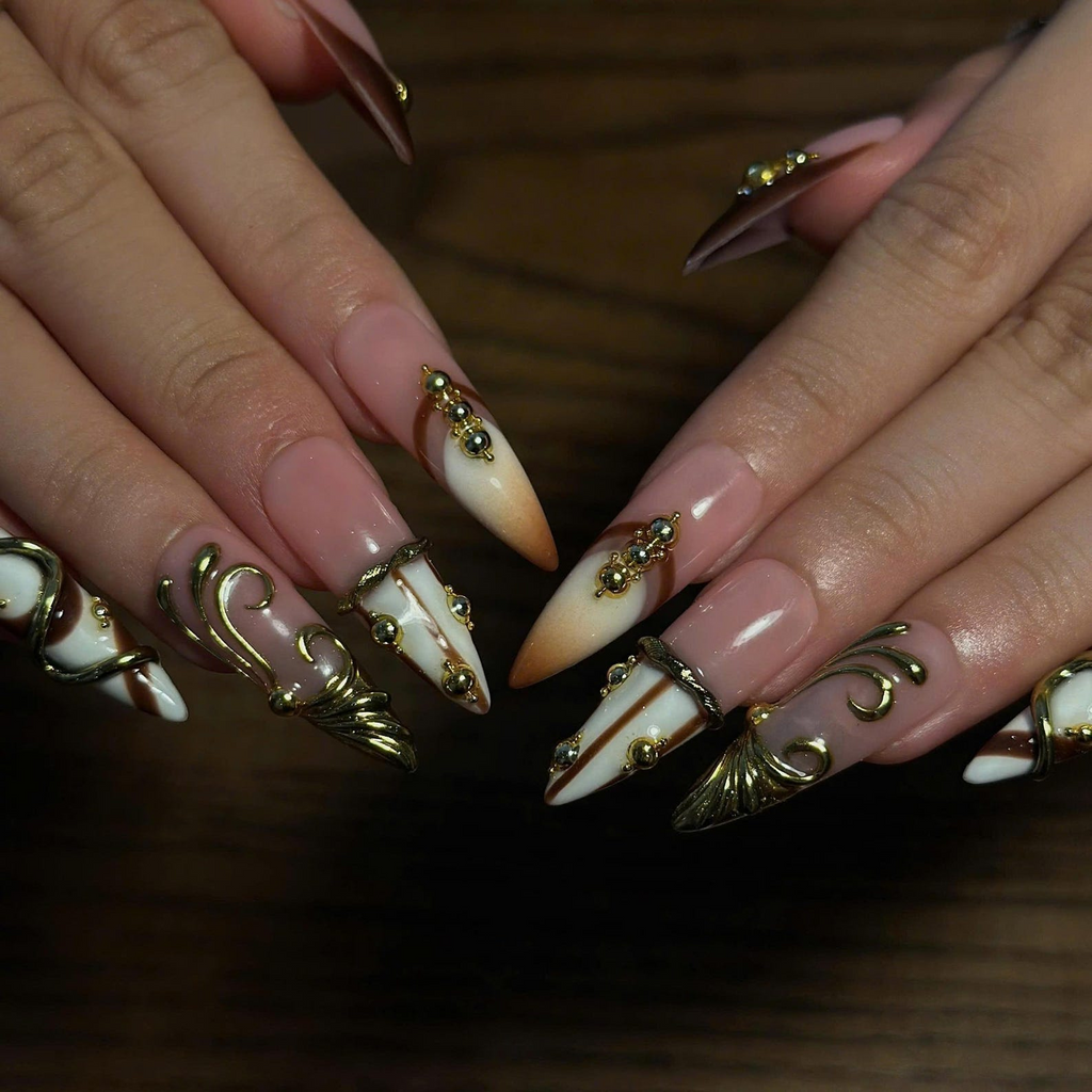 Luxury Press On Nails, 3D Gold Jewelry Nails, Nude Brown French Tips, Sculptural Gold Long
