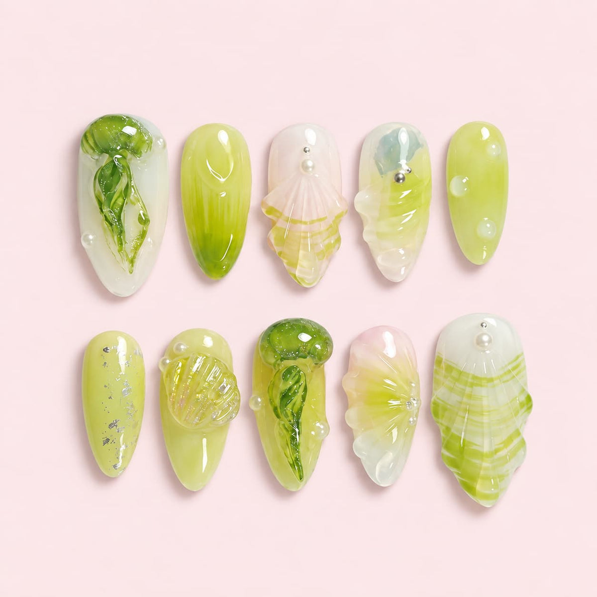 Matcha Sea Almond Press-On Nails — Jelly Green Set