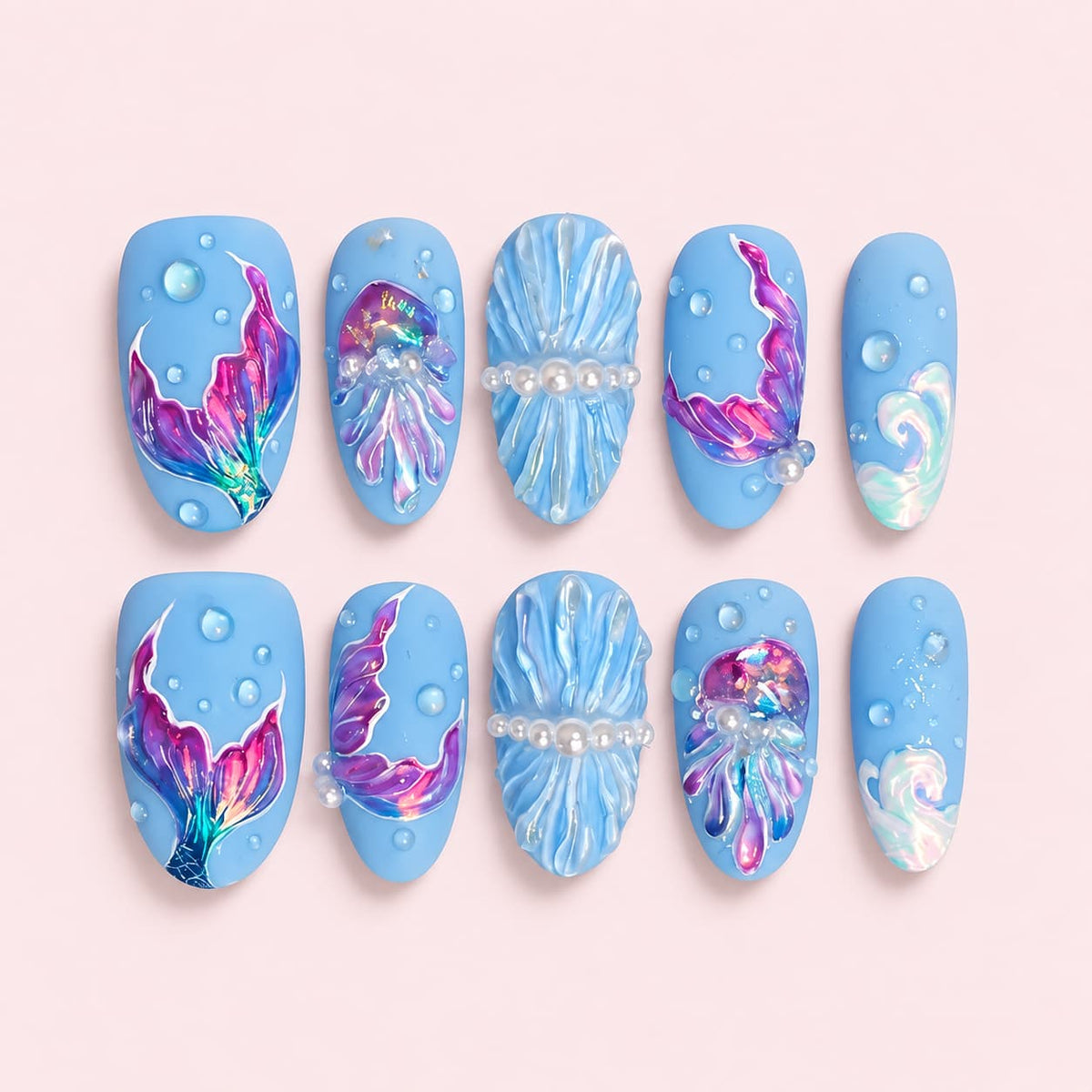 Mermaid Tail Almond Press-On Nails - Hand-Painted 3D