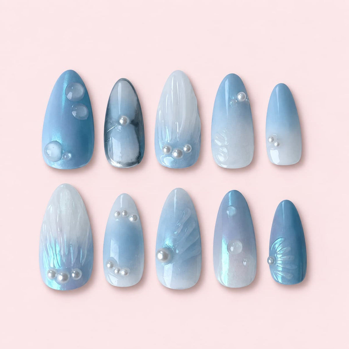 Ocean Mist Almond Press-On Nails — Sea-Glass Ombre