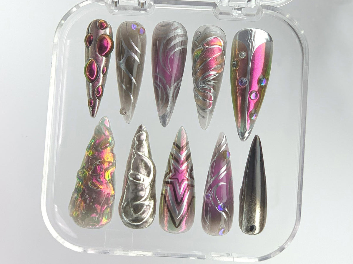 Futuristic Metallic Press On Nails, Unique 3D Holographic Fake Nails, Chrome Metallic
