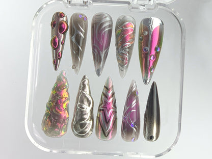 Futuristic Metallic Press On Nails, Unique 3D Holographic Fake Nails, Chrome Metallic