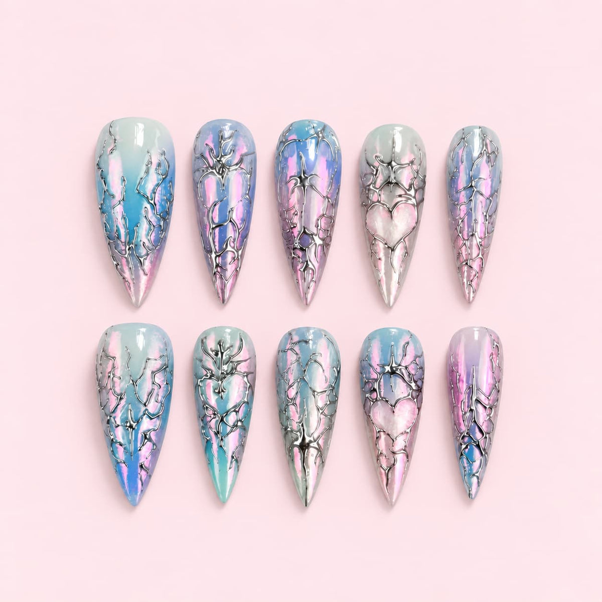 Pink Aura Silver Heart Stiletto Press-On Nails