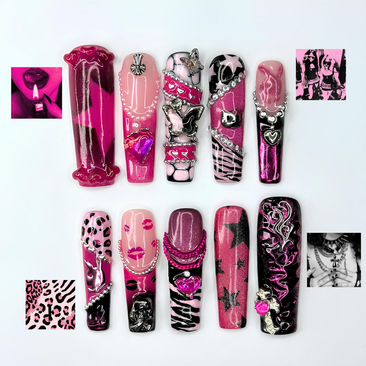 Pink Punk Press On Nails, Y2K Grunge Nails, Goth Glam Handmade Gel Nails, Chrome Heart