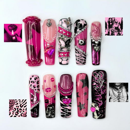 Pink Punk Press On Nails, Y2K Grunge Nails, Goth Glam Handmade Gel Nails, Chrome Heart