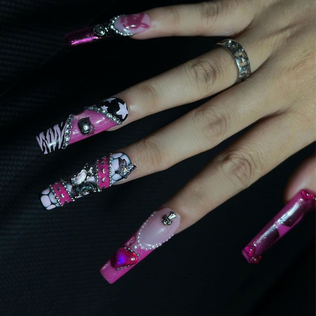 Pink Punk Press On Nails, Y2K Grunge Nails, Goth Glam Handmade Gel Nails, Chrome Heart