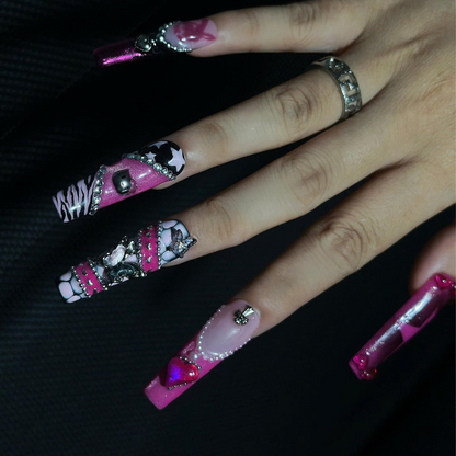 Pink Punk Press On Nails, Y2K Grunge Nails, Goth Glam Handmade Gel Nails, Chrome Heart