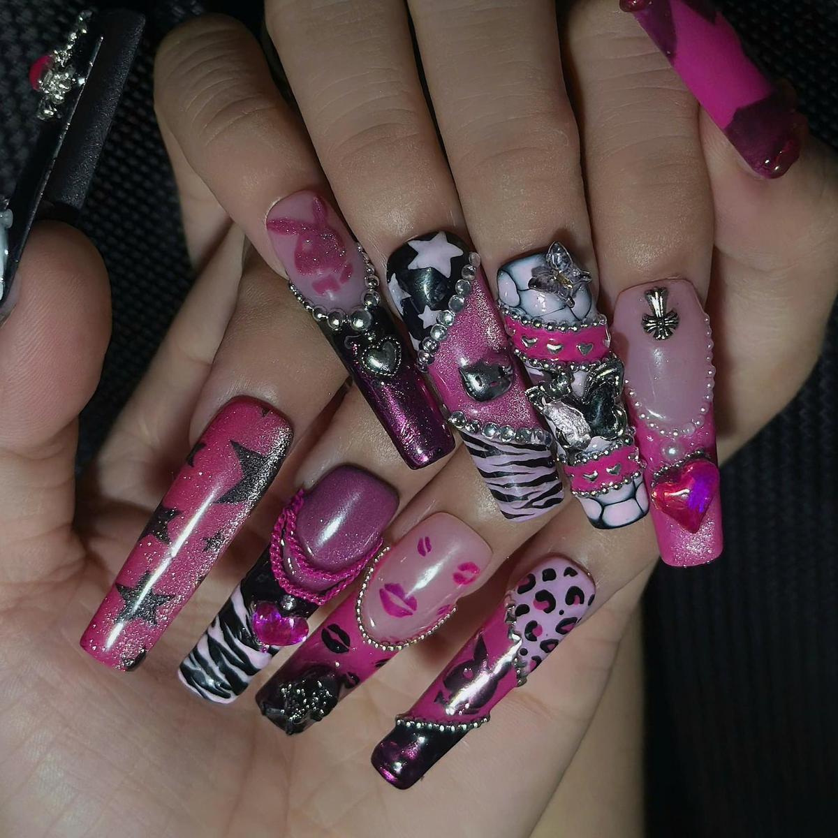 Pink Punk Press On Nails, Y2K Grunge Nails, Goth Glam Handmade Gel Nails, Chrome Heart
