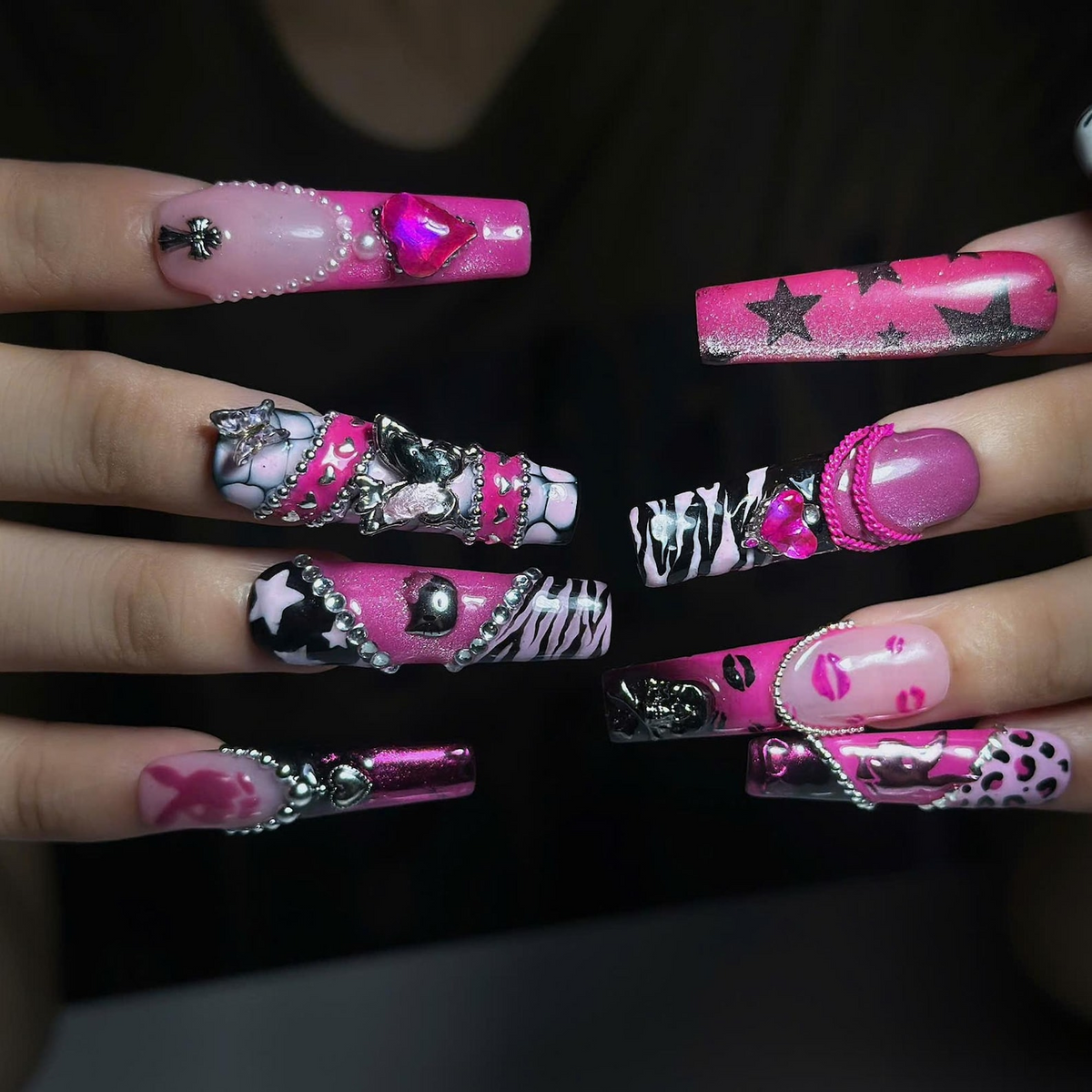 Pink Punk Press On Nails, Y2K Grunge Nails, Goth Glam Handmade Gel Nails, Chrome Heart