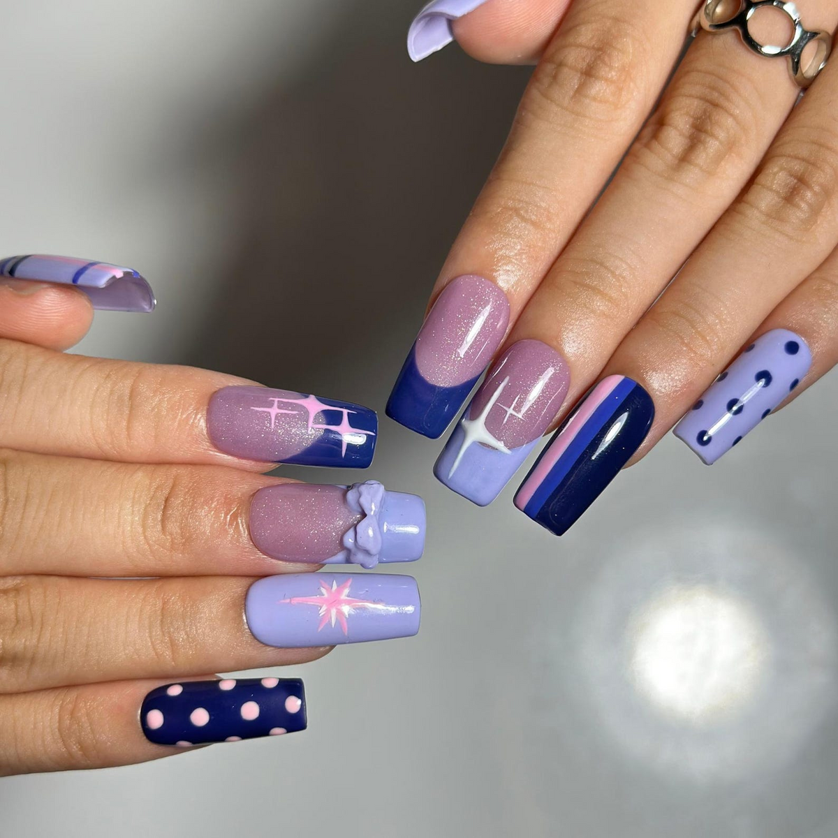 Pony Inspired Press On Nails, Purple Pastel Nails, Cute Magical Star Nail Art, Y2K