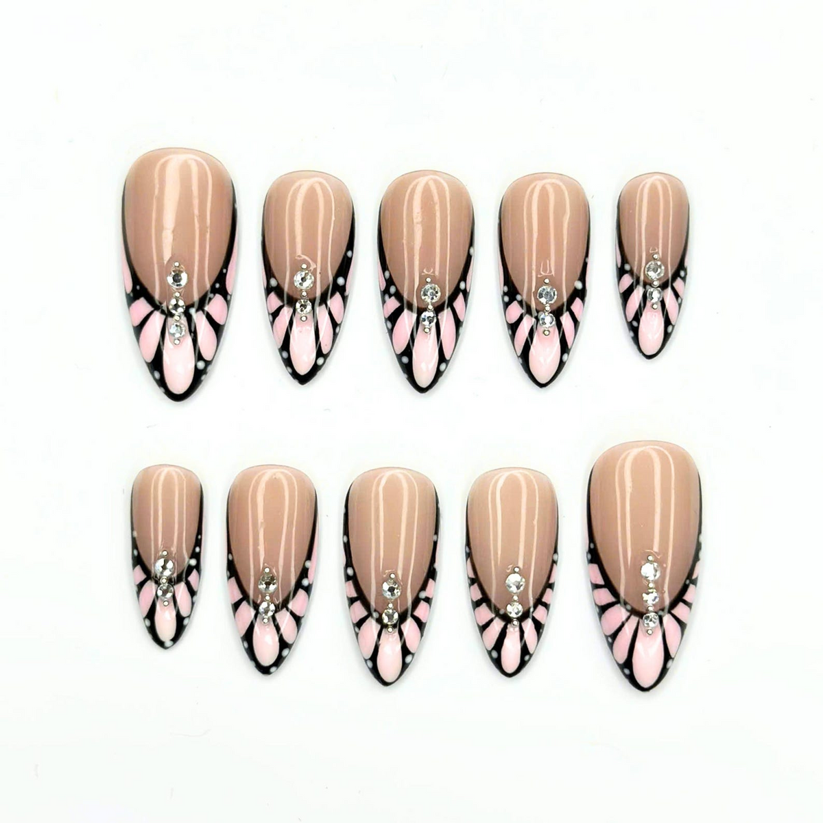 Romantic Press On Nails with Butterfly Wings, Pink Crystal French Tips, Almond Nail Set
