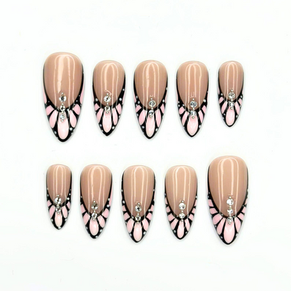 Romantic Press On Nails with Butterfly Wings, Pink Crystal French Tips, Almond Nail Set