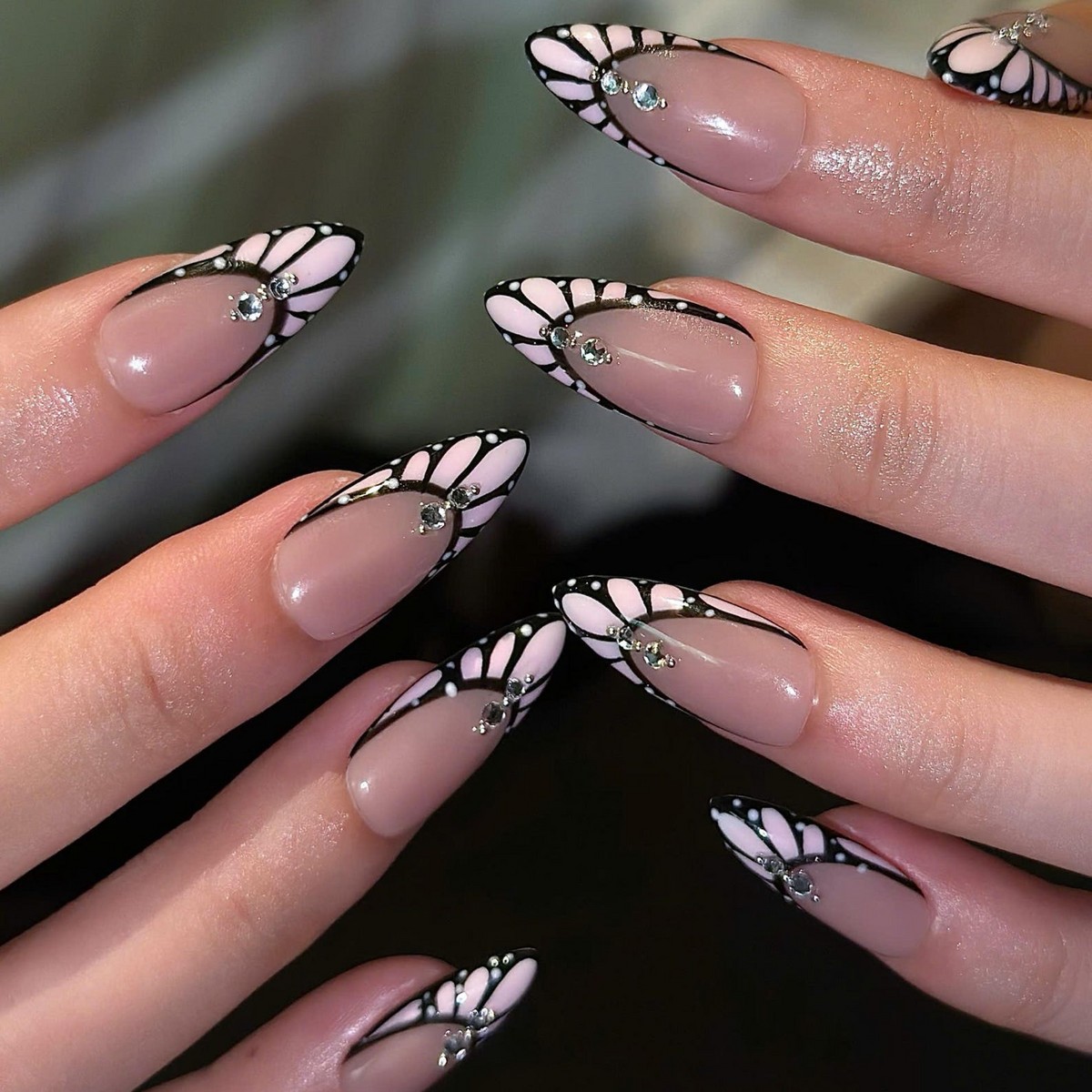 Romantic Press On Nails with Butterfly Wings, Pink Crystal French Tips, Almond Nail Set