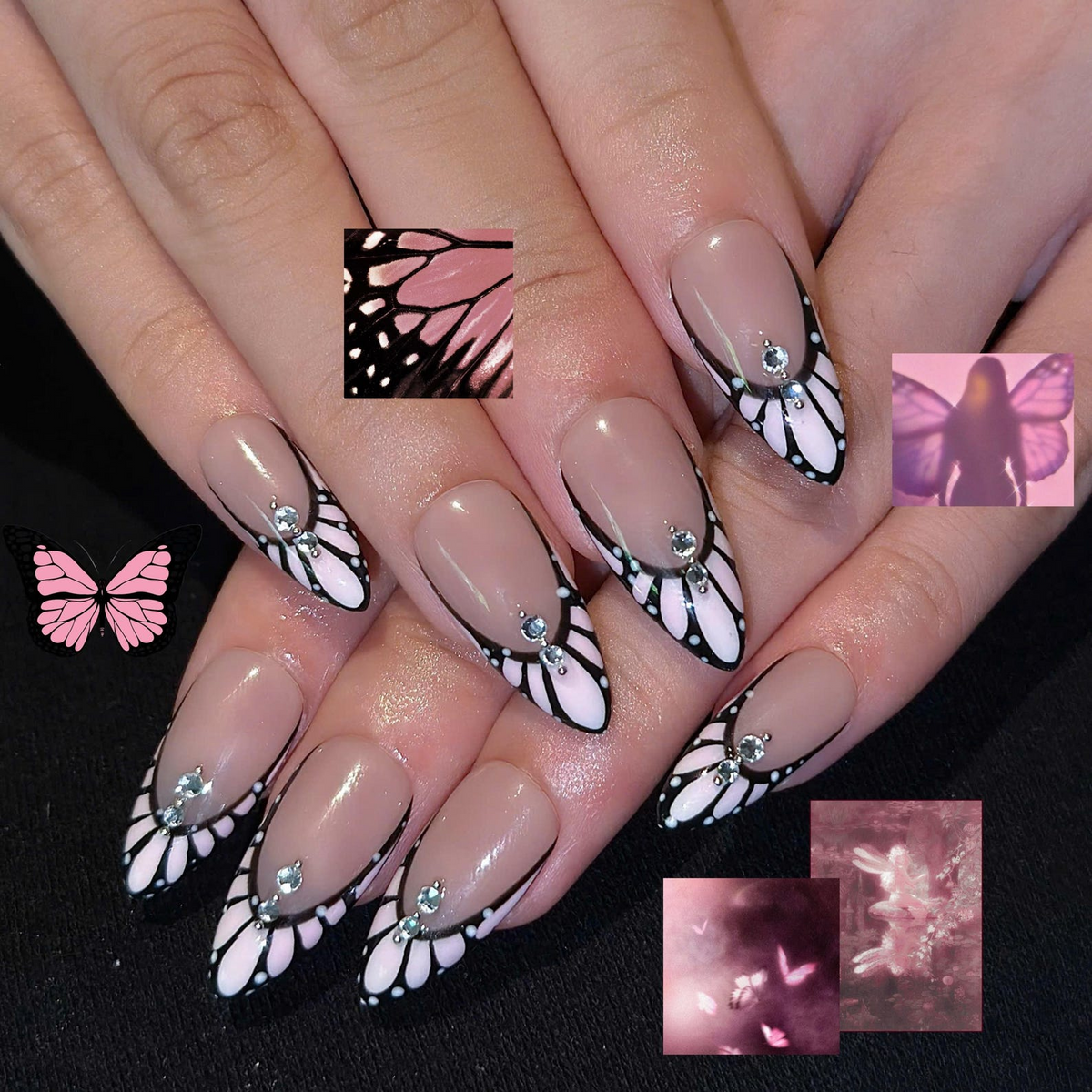 Romantic Press On Nails with Butterfly Wings, Pink Crystal French Tips, Almond Nail Set