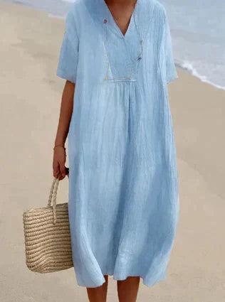 Women's Relaxed Fit Dress - V-Neck - Short Sleeve - Lightweight Breathable Fabric