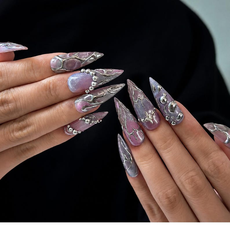 Silver Chrome Press On Nails with 3D Metallic Art , Purple Long Stiletto Nails