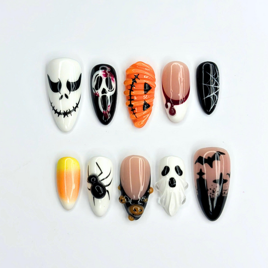 Spooky Halloween Press On Nails with Ghost, Pumpkin Spider Web and Bat Nail Art