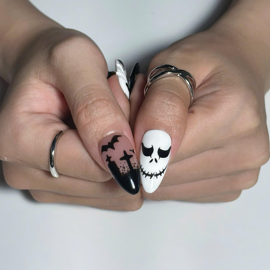 Spooky Halloween Press On Nails with Ghost, Pumpkin Spider Web and Bat Nail Art