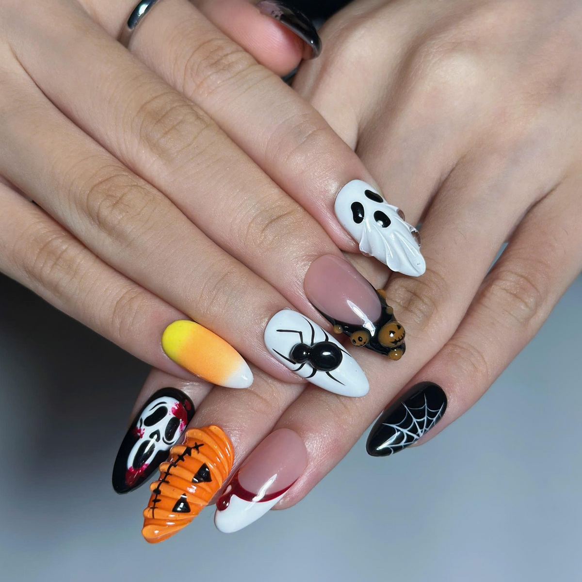 Spooky Halloween Press On Nails with Ghost, Pumpkin Spider Web and Bat Nail Art