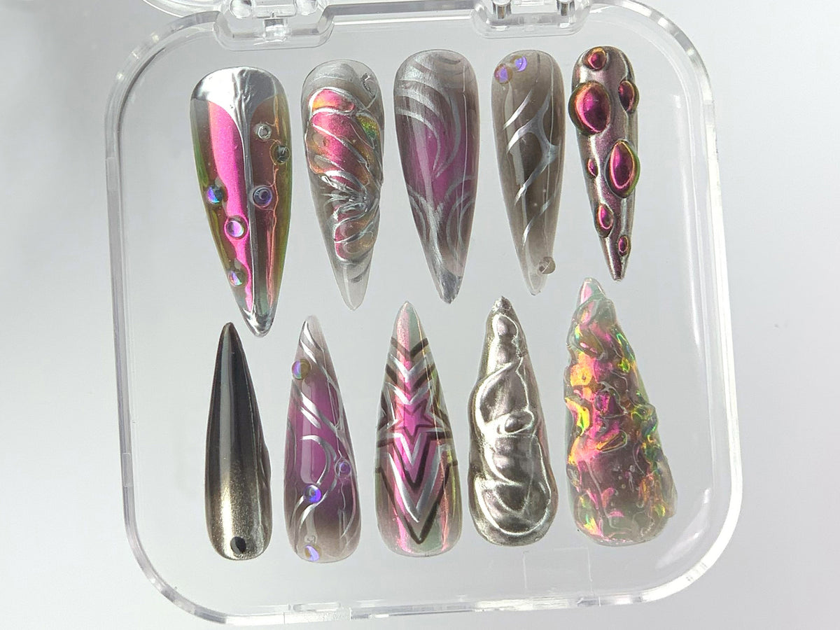 Futuristic Metallic Press On Nails, Unique 3D Holographic Fake Nails, Chrome Metallic