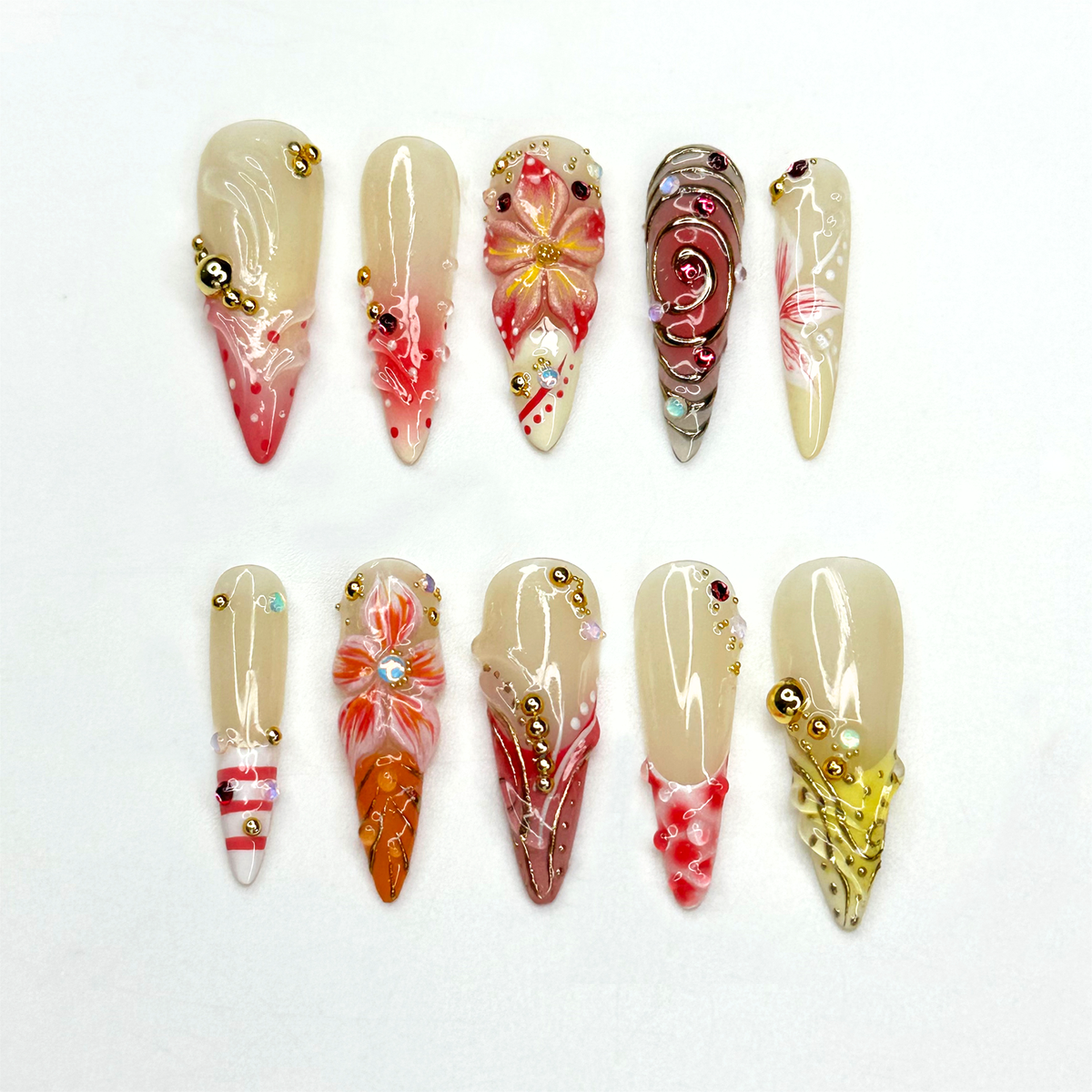 Summer 3D Press On Nails, Luxury Tropical Stiletto Nails, Premium Beach Vacation