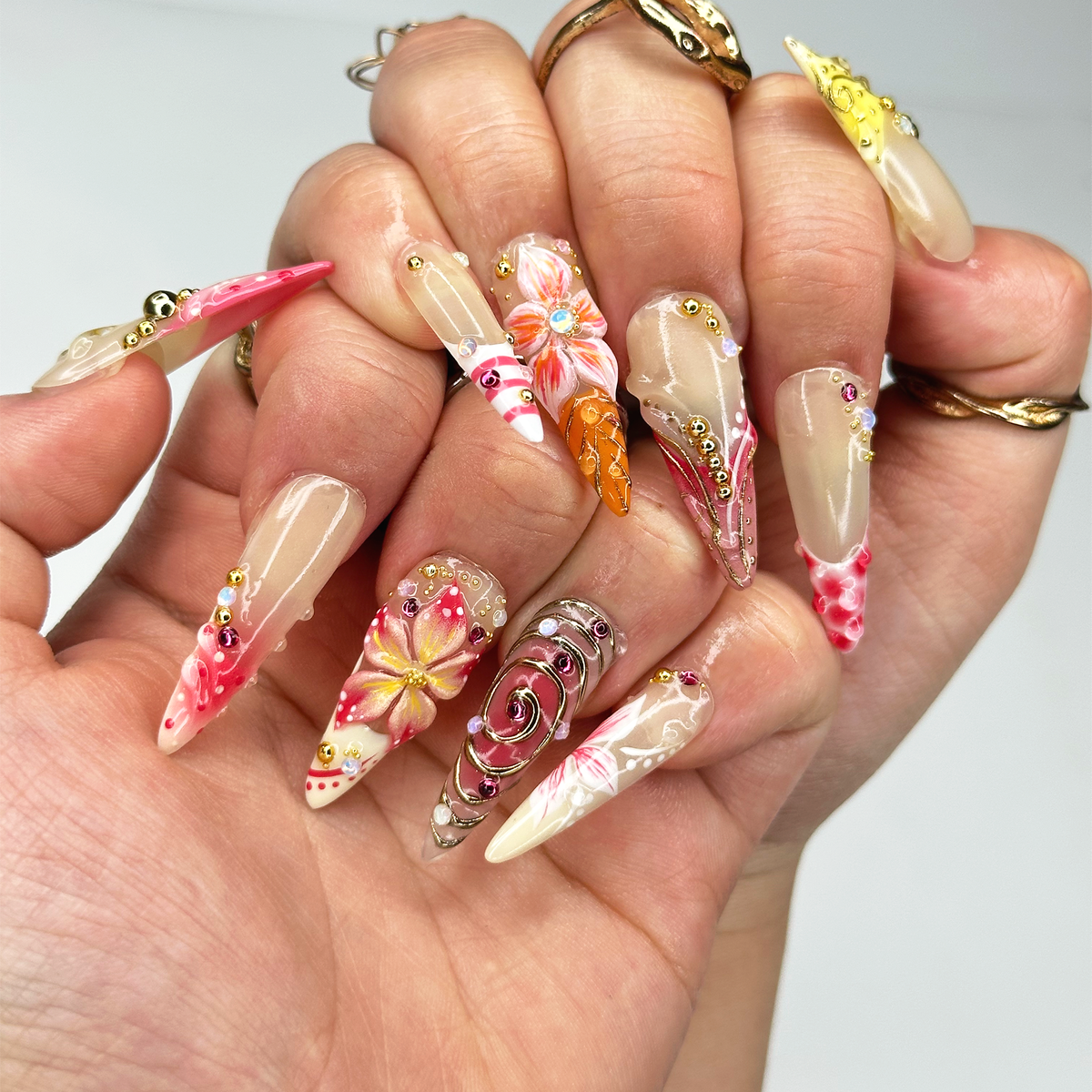 Summer 3D Press On Nails, Luxury Tropical Stiletto Nails, Premium Beach Vacation