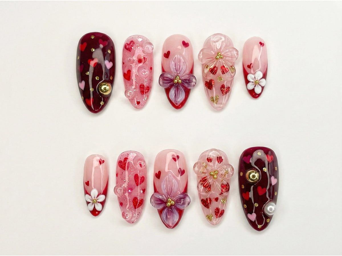 Sweetheart Bloom Press On Nails Valentine Heart Nails Pink Red Romantic Nails 3D Flower Press On Nails Handmade Love Nail Art