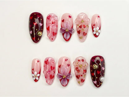 Sweetheart Bloom Press On Nails Valentine Heart Nails Pink Red Romantic Nails 3D Flower Press On Nails Handmade Love Nail Art