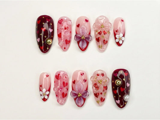 Sweetheart Bloom Press On Nails Valentine Heart Nails Pink Red Romantic Nails 3D Flower Press On Nails Handmade Love Nail Art