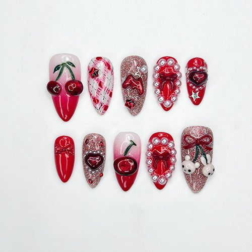 Combo Chrome Heart Desire Press On Nails 3D Pink Chrome Heart Nail Art Handmade Valentine Nail Set