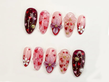 Sweetheart Bloom Press On Nails Valentine Heart Nails Pink Red Romantic Nails 3D Flower Press On Nails Handmade Love Nail Art