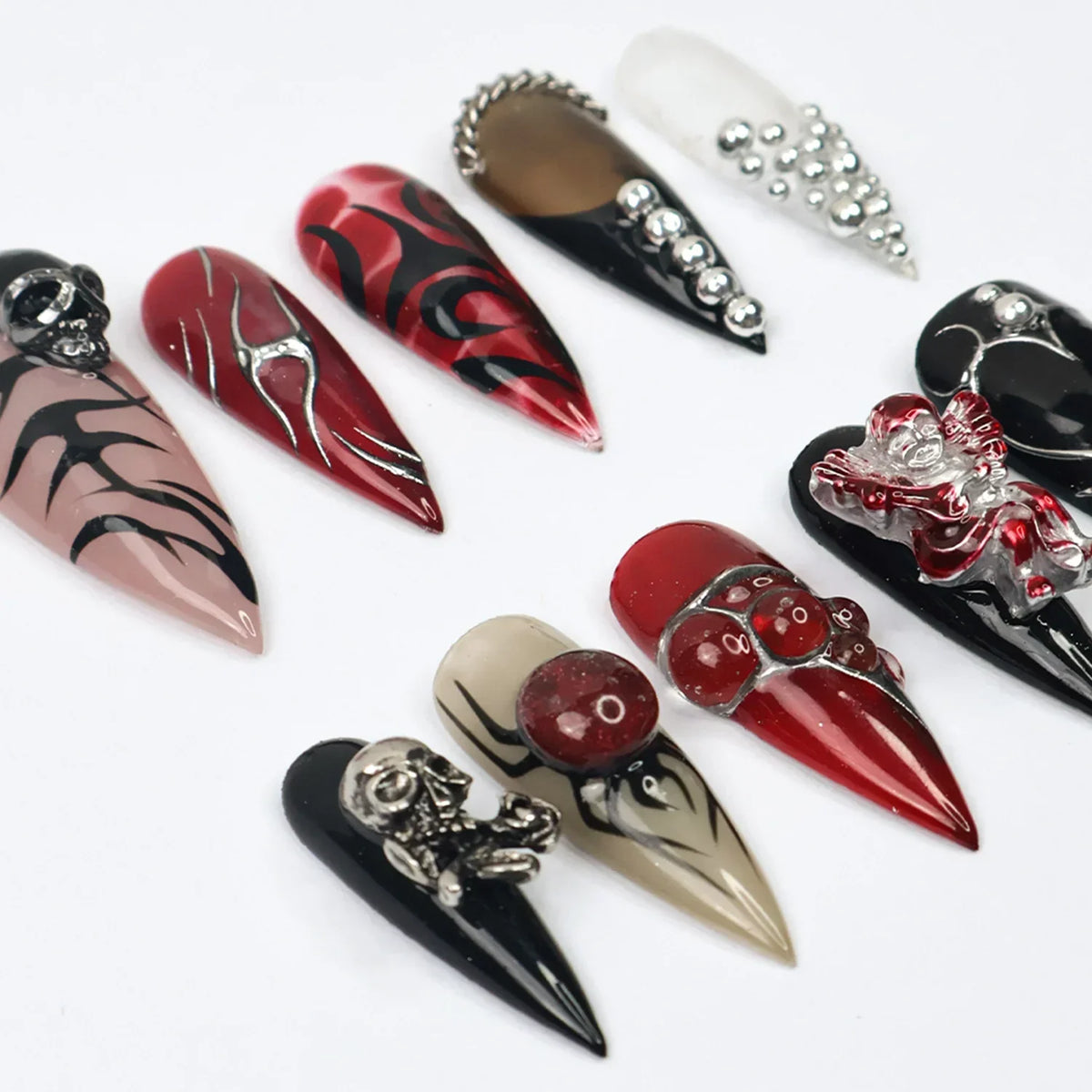 Glam Goth Black Red Handmade Press On Nails