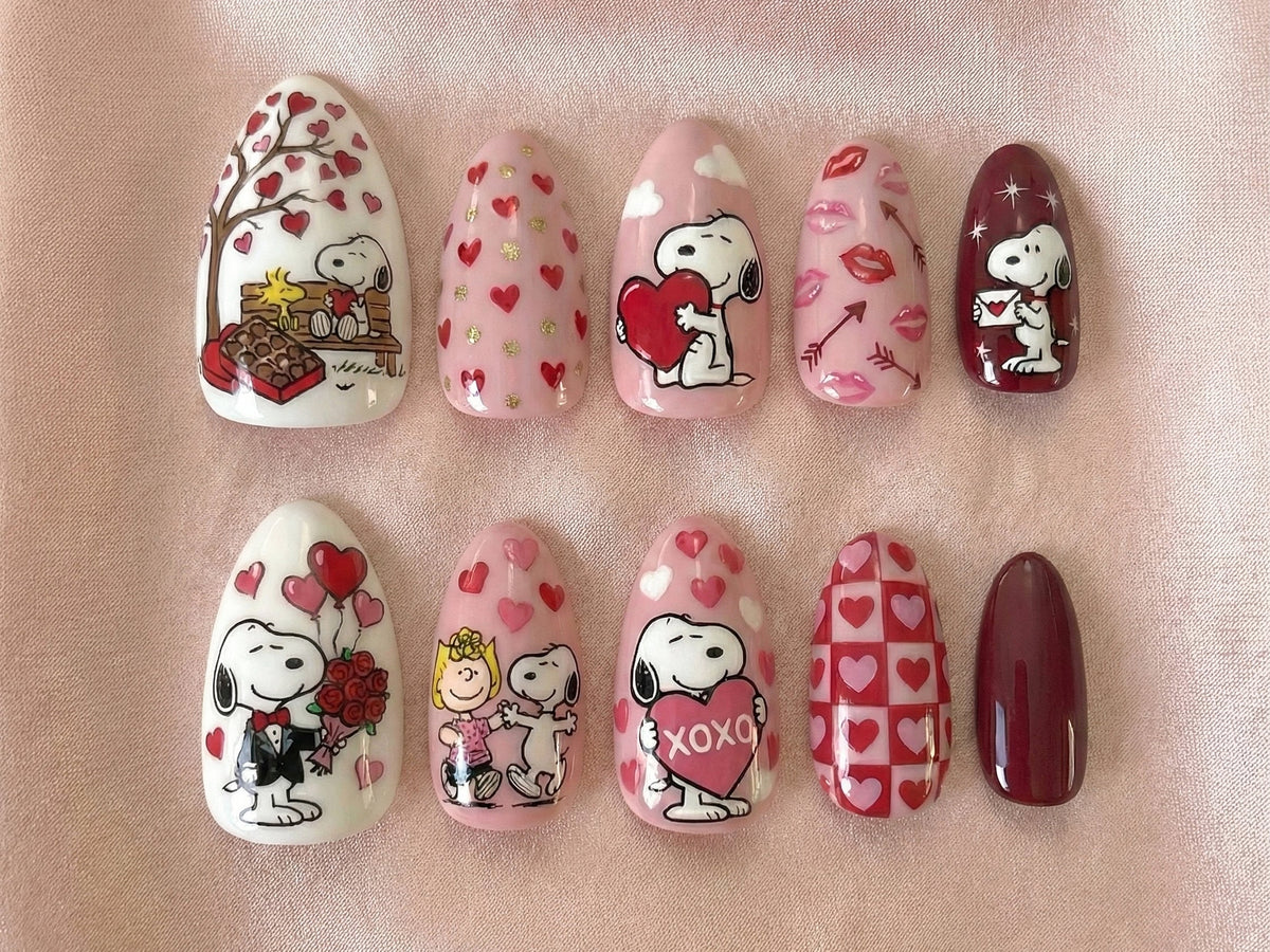 Snoopy Love Story Press On Nails Valentine Cartoon Nails Pink Heart Nail Art Cute Snoopy & Peanuts Design Handmade Press Ons