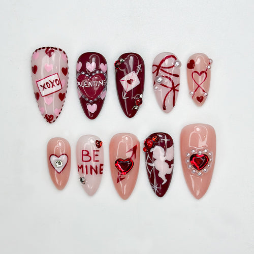 Combo Chrome Heart Desire Press On Nails 3D Pink Chrome Heart Nail Art Handmade Valentine Nail Set