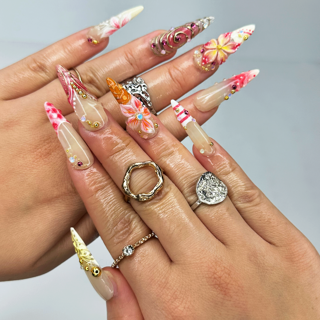 Summer 3D Press On Nails, Luxury Tropical Stiletto Nails, Premium Beach Vacation
