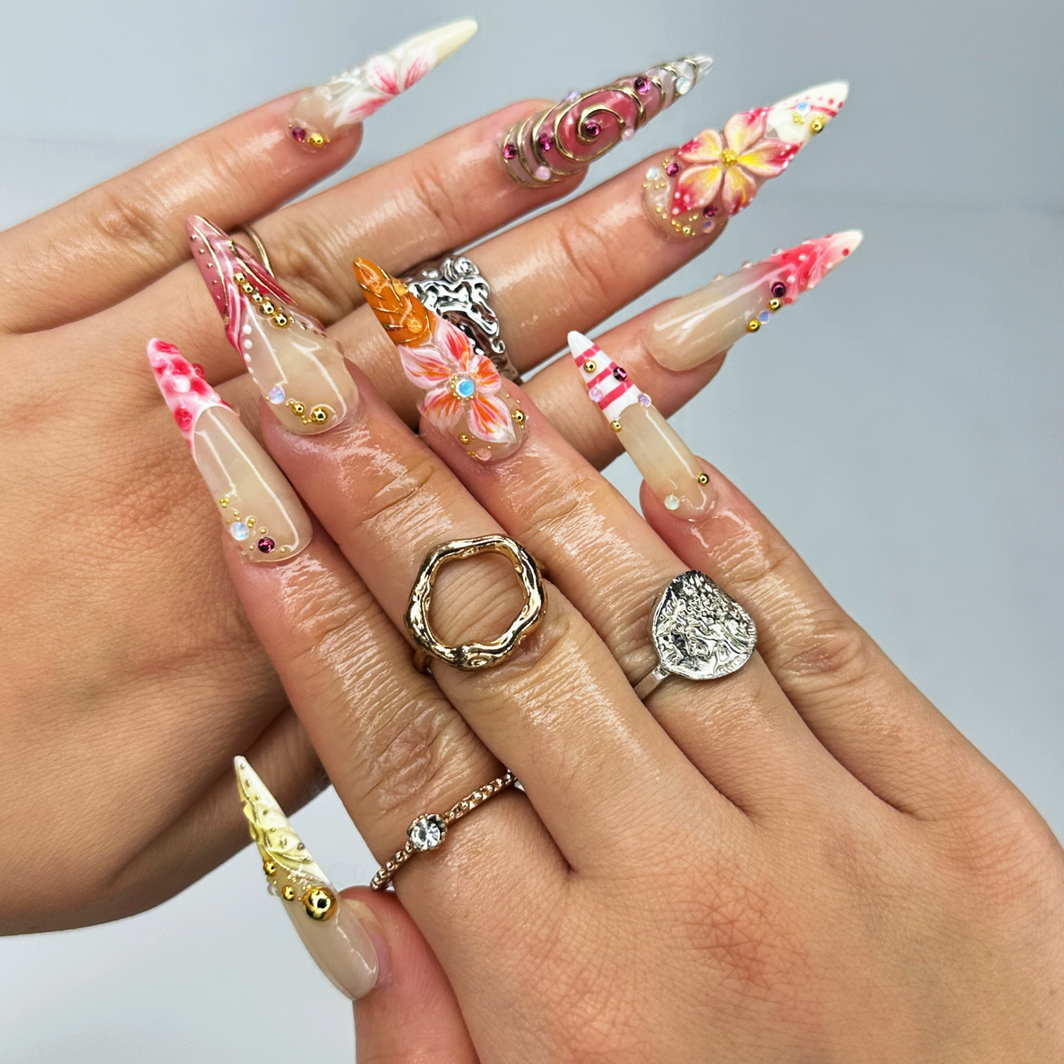 Summer 3D Press On Nails, Luxury Tropical Stiletto Nails, Premium Beach Vacation