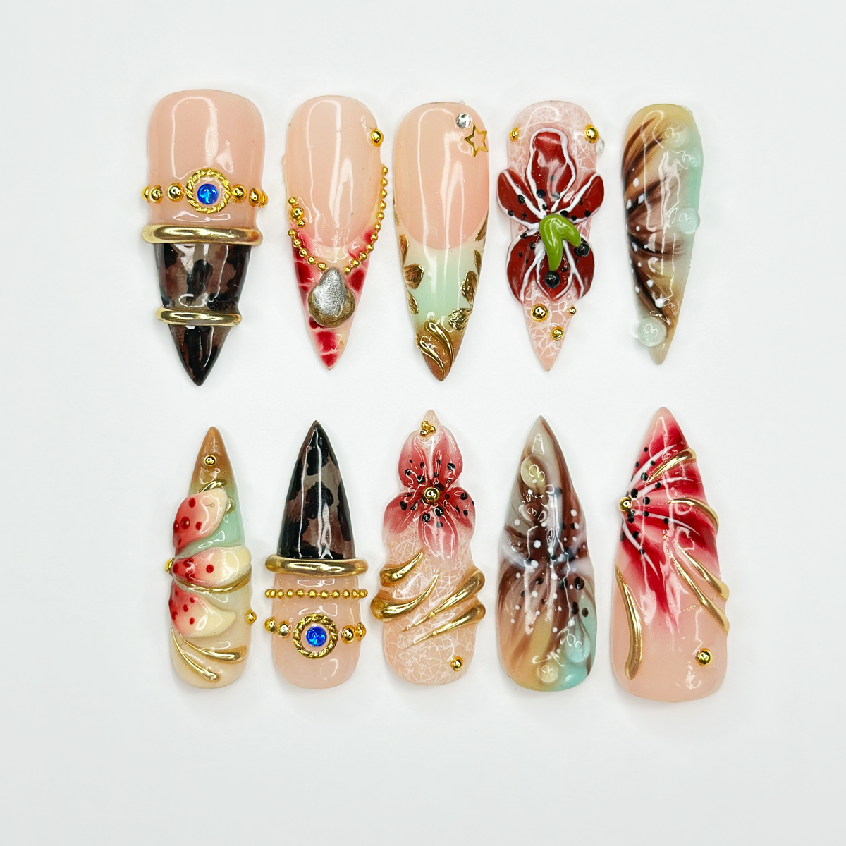 Luxury Floral Press On Nails, Burgundy Gold Nails, 3D Flower Nail Set, Vintage Glam