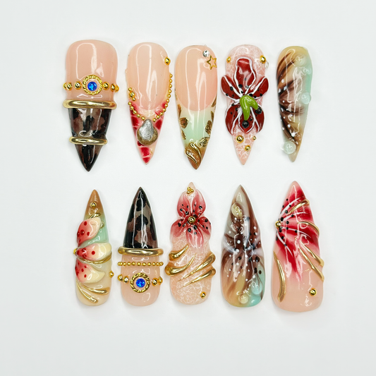 Luxury Floral Press On Nails, Burgundy Gold Nails, 3D Flower Nail Set, Vintage Glam