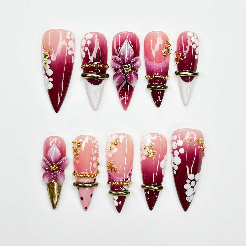Burgundy Floral Press On Nails, 3D Flower Gold Ring Nails, Coquette Cherry Blossom