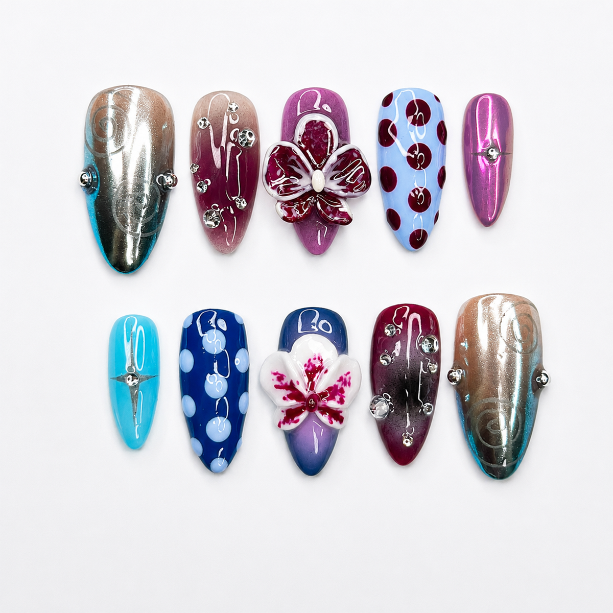 Eclectic Jewel Tone Press On Nails, 3D Floral Chrome Nails, Cat Eye Abstract Handmade